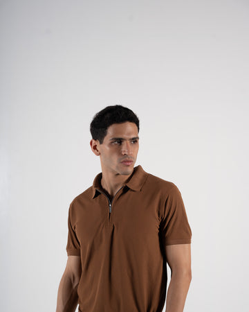 Zipper Cedar Brown Polo T-Shirt