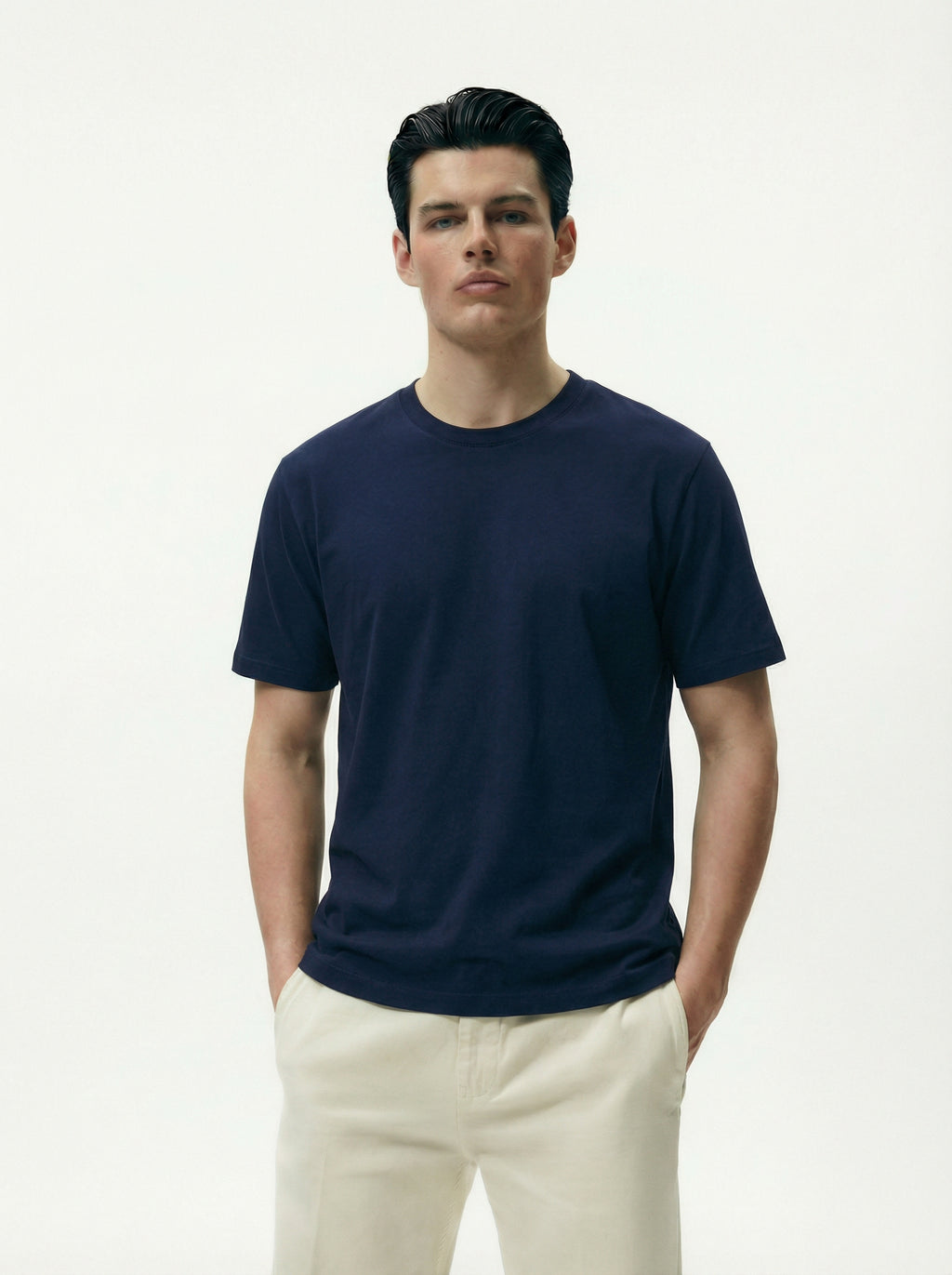 Solid Round Neck Navy Blue Tshirt
