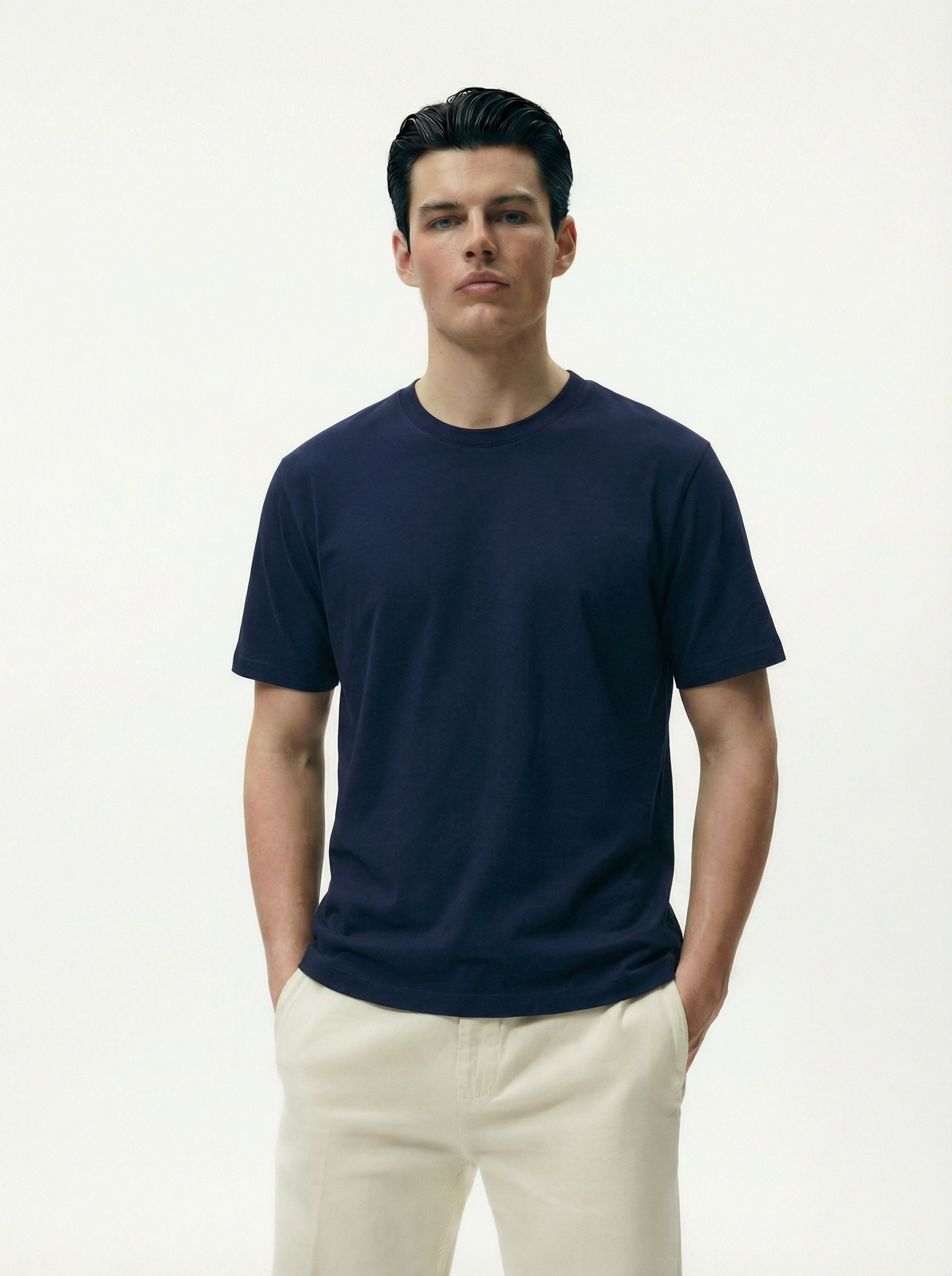 Solid Round Neck Navy Blue Tshirt